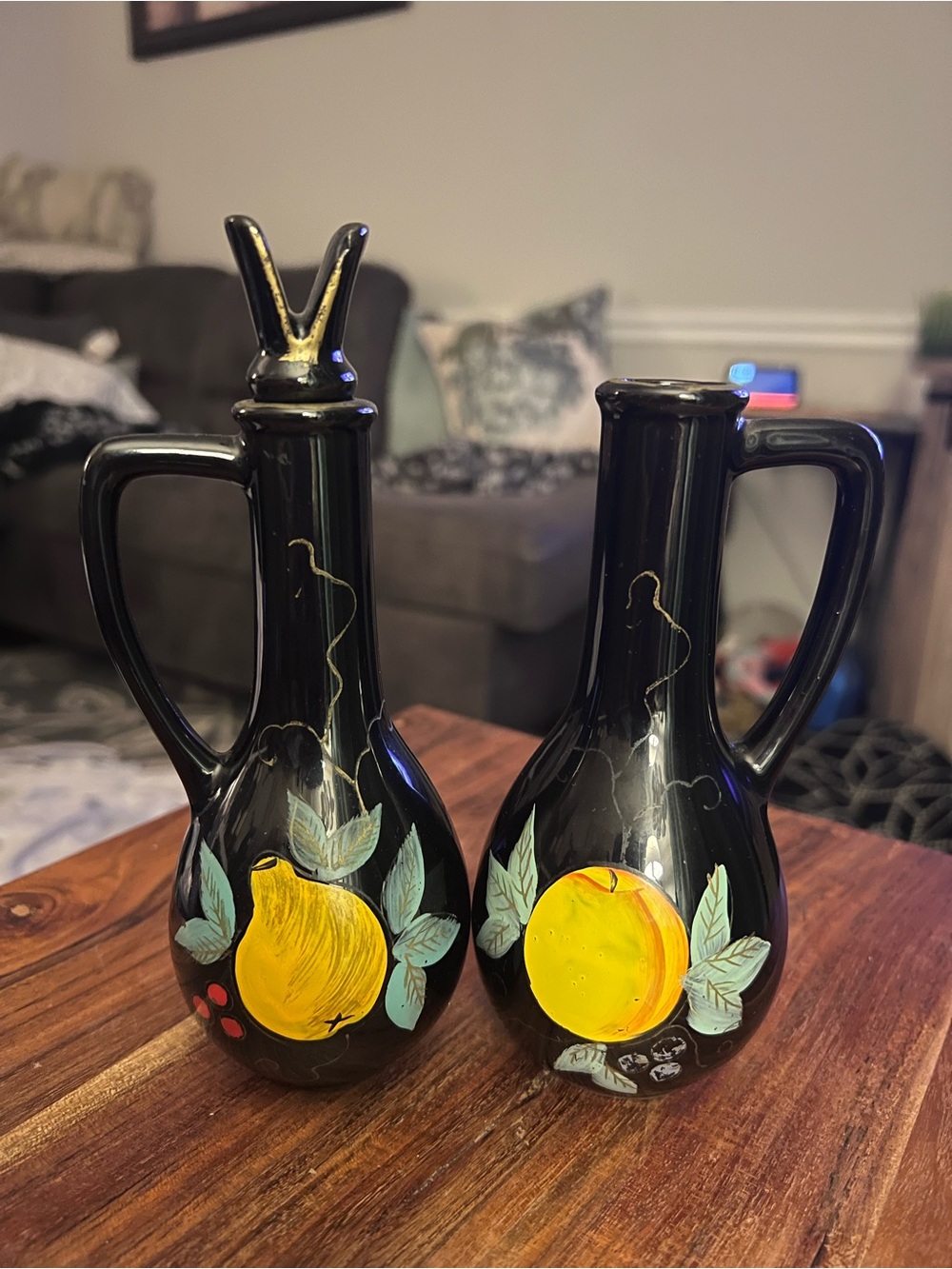 Vintage Japan Oil Vinegar Cruet Set Black Hand Painted Fruit Ceramic MCM
